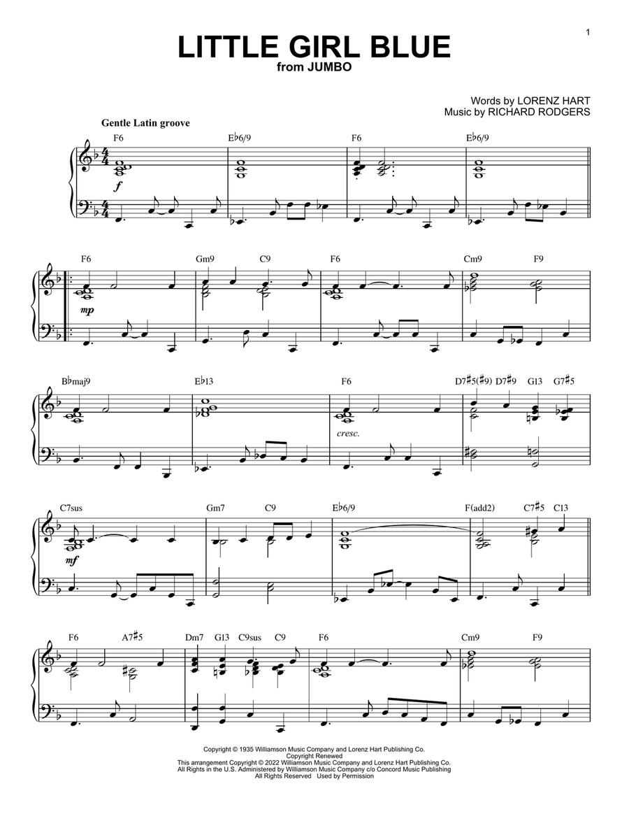 Little Girl Blue [Jazz version] (from Jumbo) (arr. Brent Edstrom) Piano Solo scores gallery preview page 1