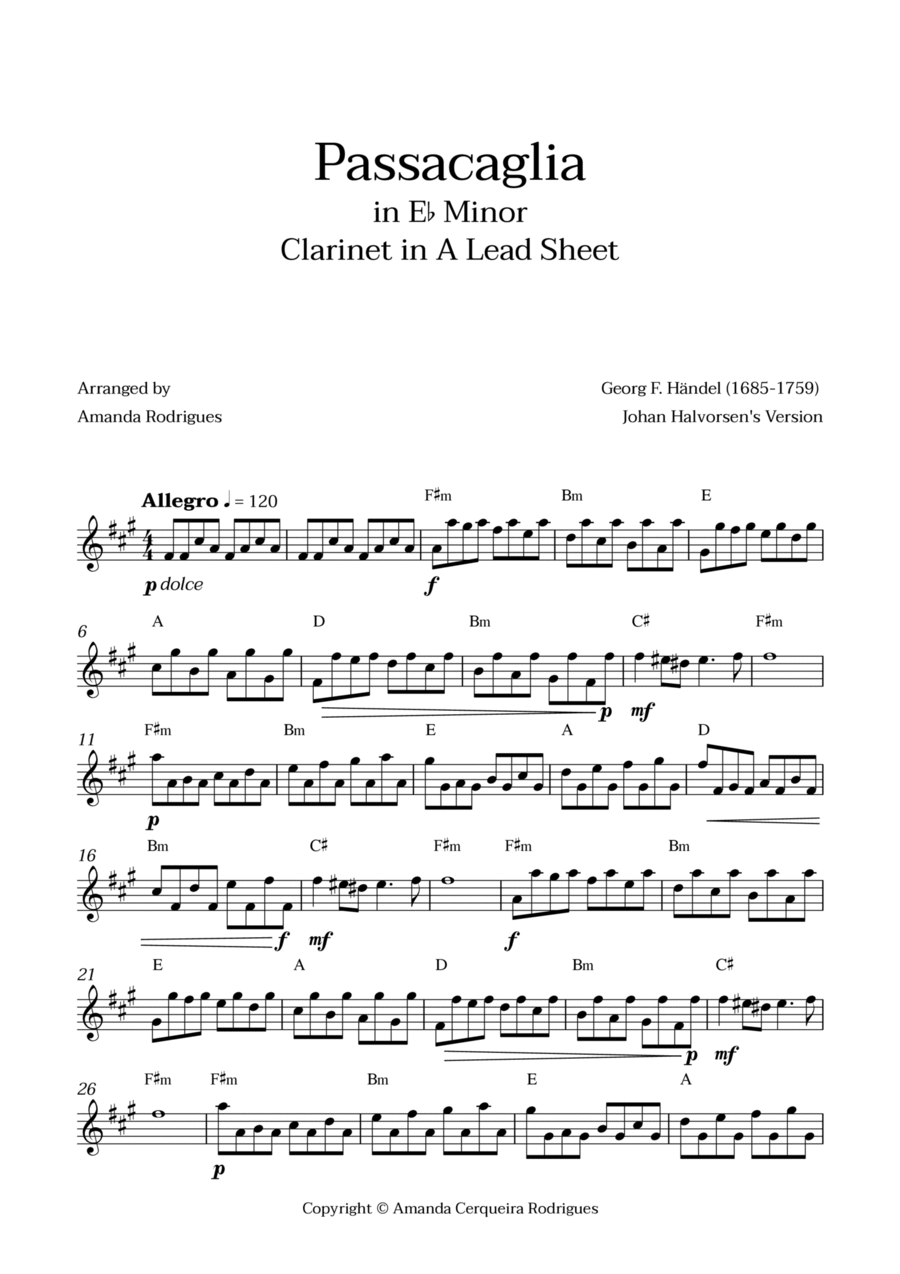 Passacaglia - Easy Clarinet in A Lead Sheet in Ebm Minor (Johan Halvorsen's Version) A Clarinet scores gallery preview page 1