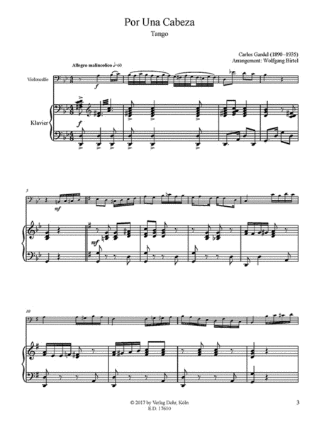 Por Una Cabeza -Tango- (für Violoncello und Klavier)