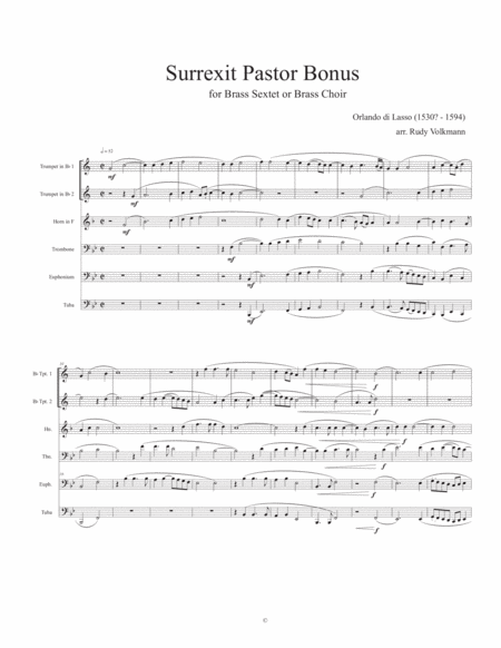 Surrexit Pastor Bonus - di Lasso - arr. for Brass Sextet or Brass Choir image number null