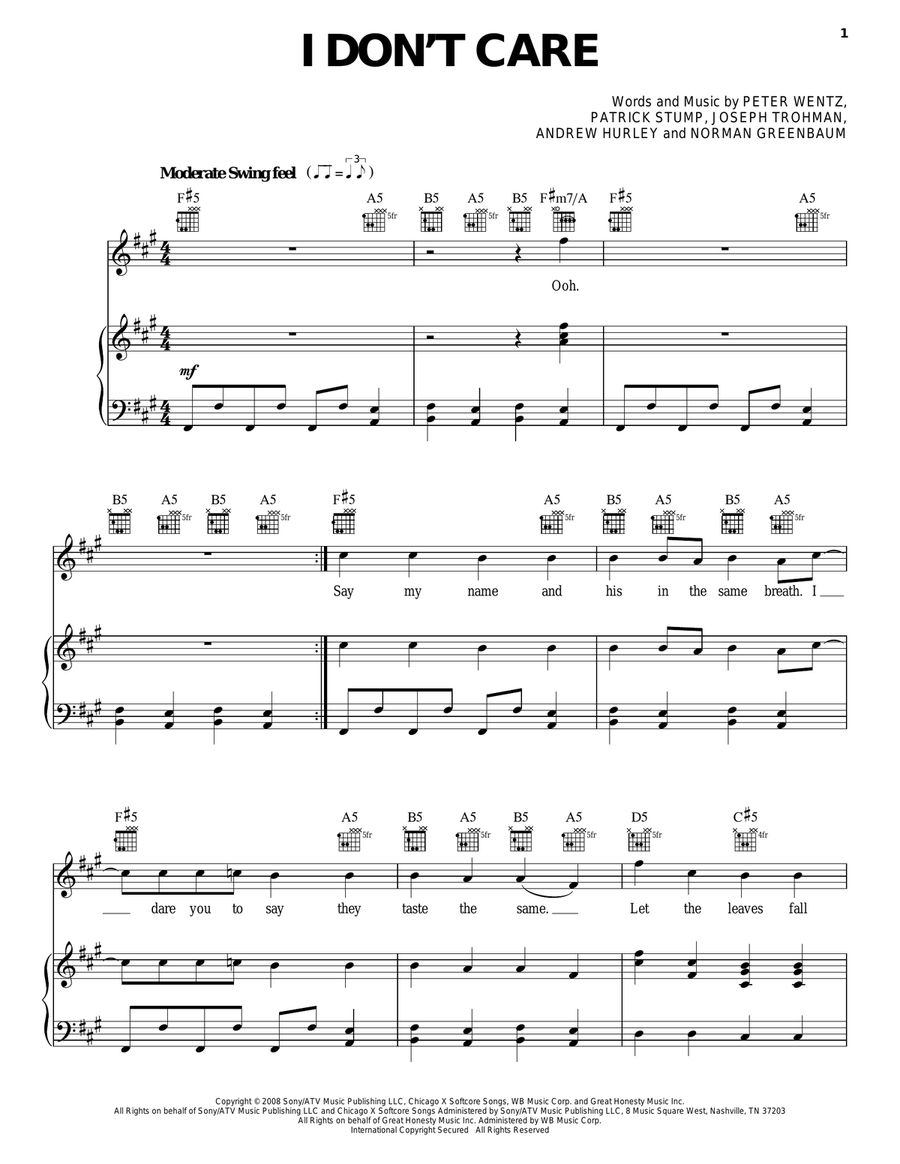 I Don't Care I Don't Care Piano, Vocal, Guitar scores gallery preview page 1