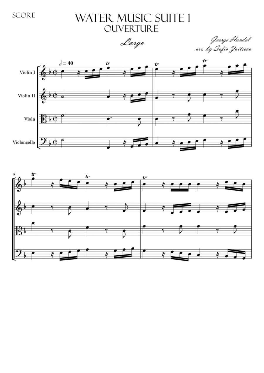 Water Music Suite 1 Overture ( Largo + Allegro ) String Quartet scores gallery preview page 1