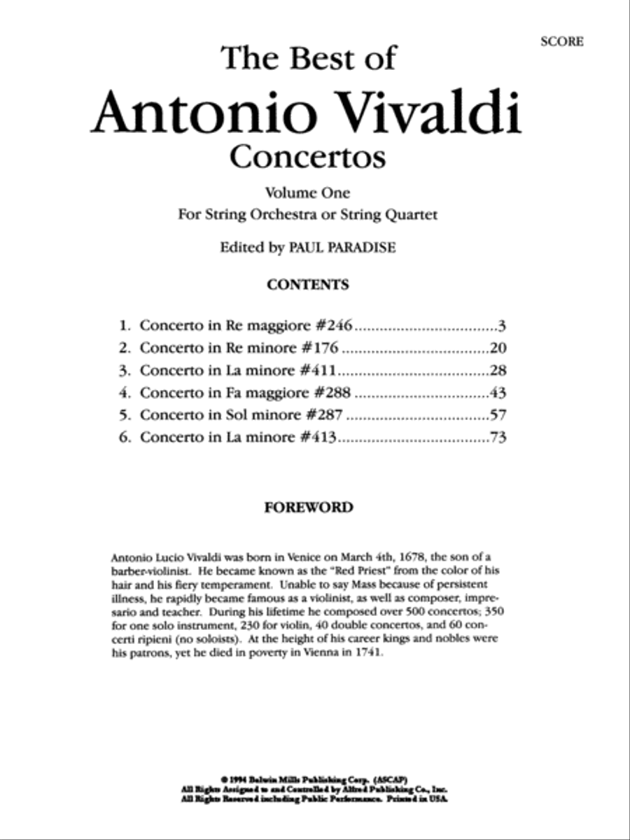 The Best of Antonio Vivaldi Concertos (For String Orchestra or String Quartet), Volume 1