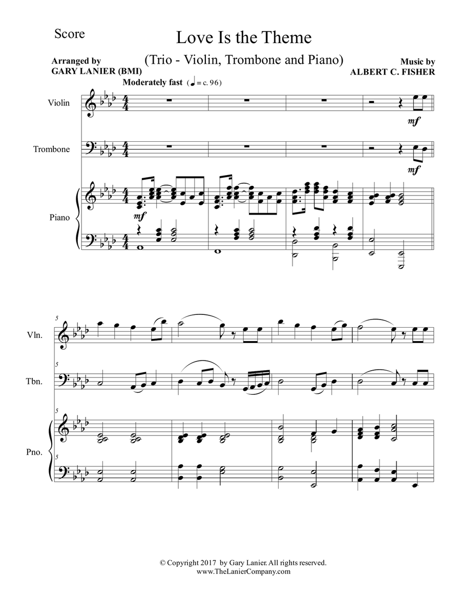 LOVE IS THE THEME (Trio – Violin, Trombone & Piano with Score/Parts) Trombone Trio scores gallery preview page 2