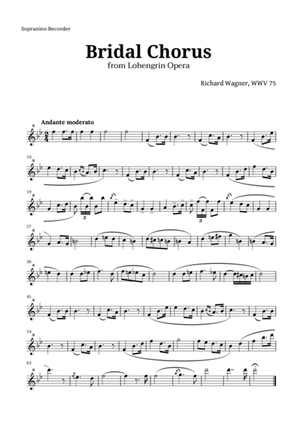 Bridal Chorus by Wagner for Recorder Quintet and Piano with Chords image number null