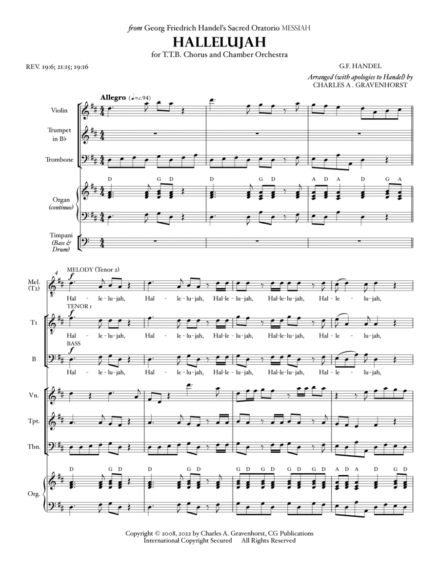 Hallelujah (from “MESSIAH”) for Men’s Chorus (TTB) – FULL SCORE TTB scores gallery preview page 1