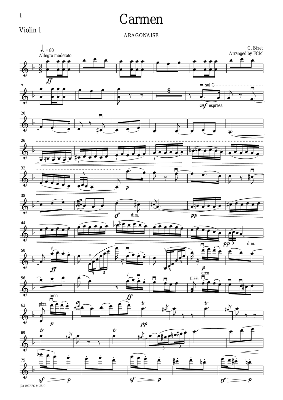 Bizet Aragonaise from Carmen, for string quartet, CB101 image number null