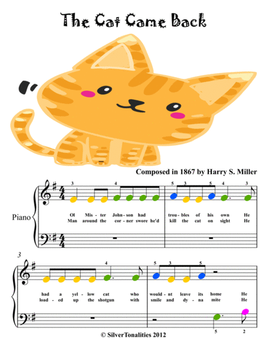 The Cat Came Back Beginner Piano Sheet Music with Colored Notes