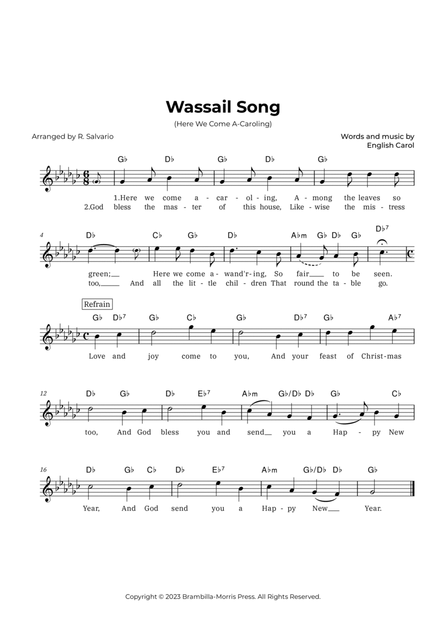 Wassail Song (Here We Come A-Caroling) - Key of G-Flat Major Piano scores gallery preview page 1