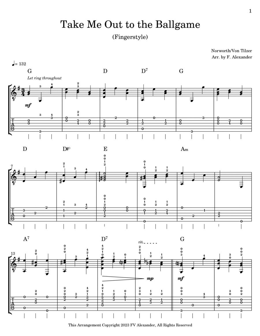 Take Me Out To The Ballgame Classical Guitar scores gallery preview page 1