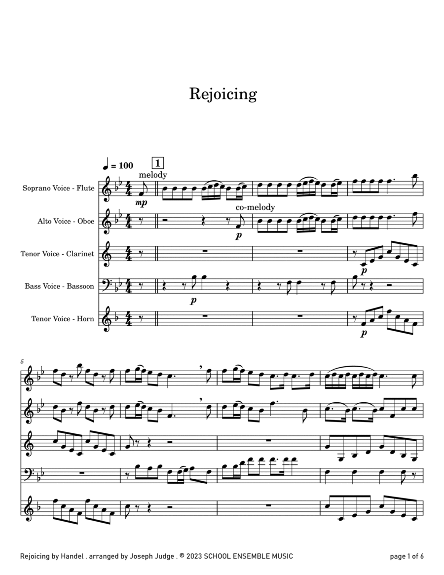 Rejoicing by Handel for Woodwind Quartet in Schools Woodwind Quartet scores gallery preview page 1