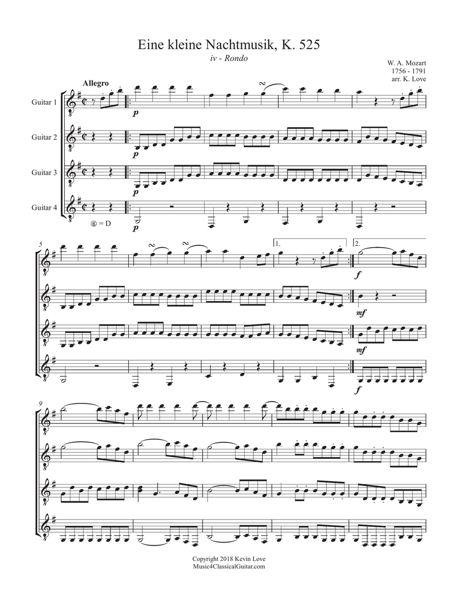 Eine kleine Nachtmusik, K. 525 - iv - Rondo (Guitar Quartet) - Score and Parts Guitar Ensemble scores gallery preview page 1