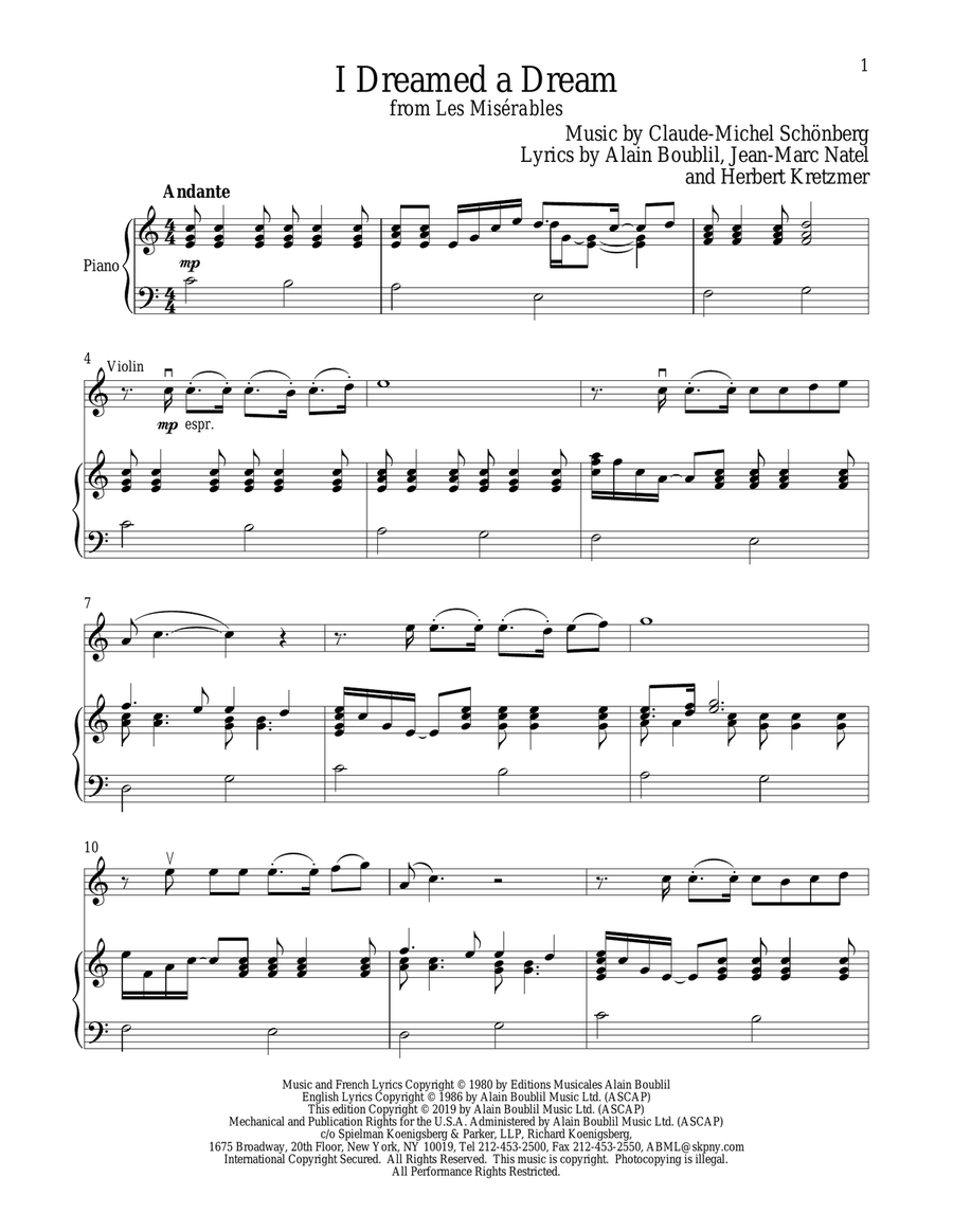 I Dreamed A Dream (from Les Miserables) Violin Solo scores gallery preview page 1