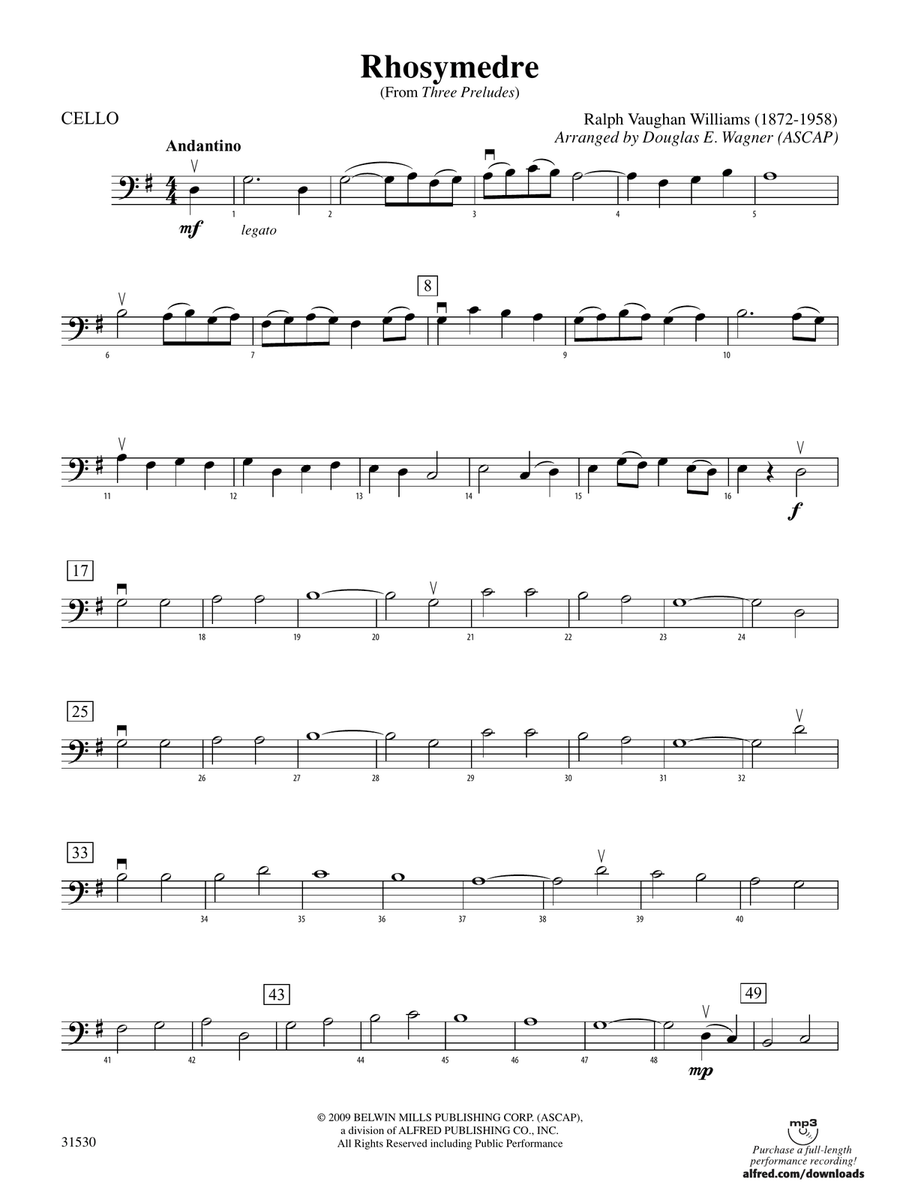 Rhosymedre (from Three Preludes): Cello