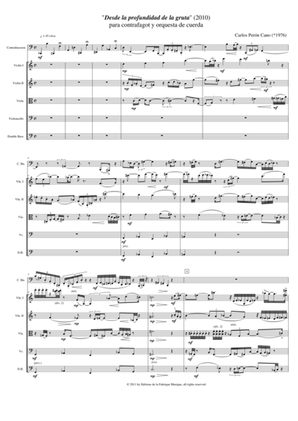 Carlos Perón Cano: Desde la profundidad de la gruta for contrabassoon and string orchestra - score a