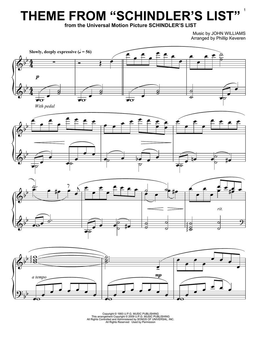 Theme from Schindler's List (arr. Phillip Keveren) Piano Solo scores gallery preview page 1
