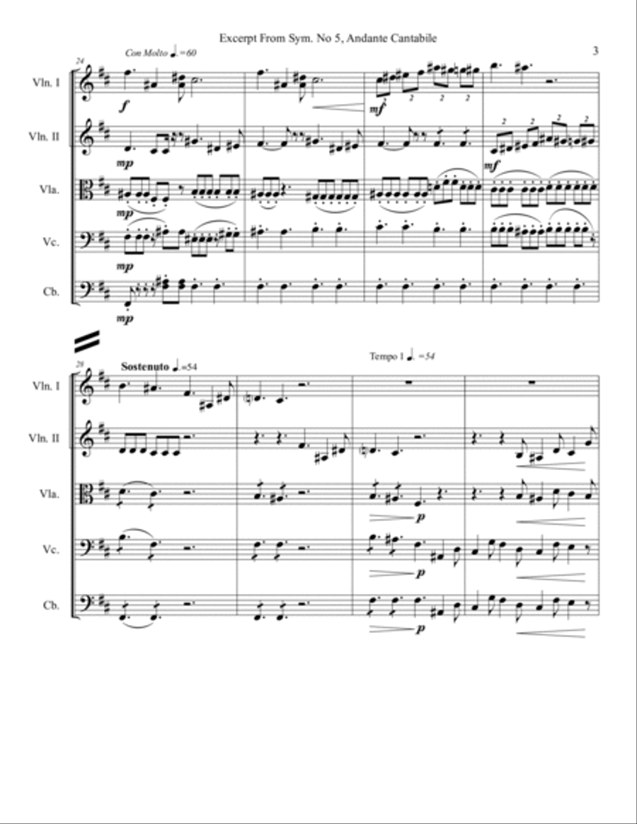 Excerpt from Tchaikovsky, Symphony. No. 5, Movement II, Arr. for Strings String Orchestra scores gallery preview page 4