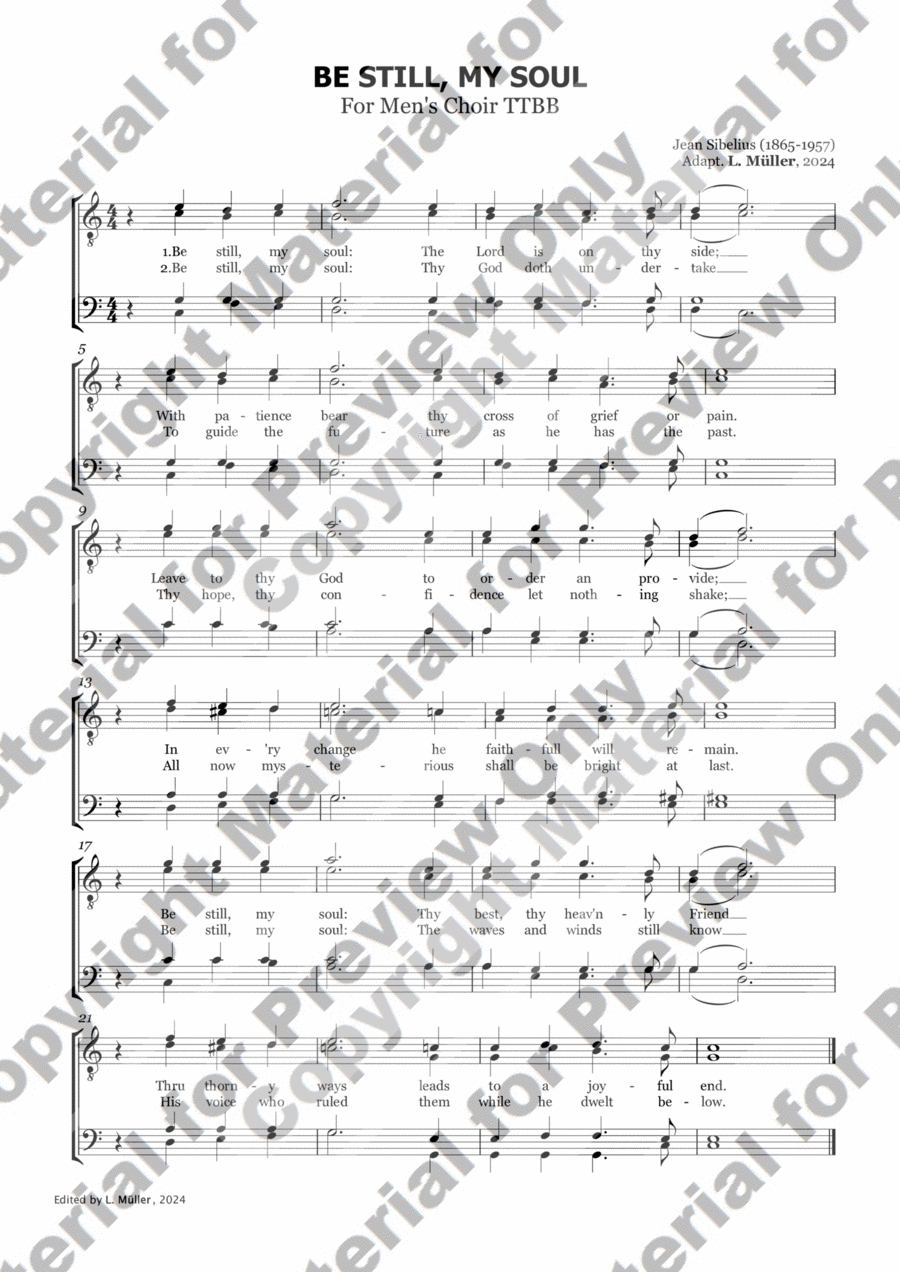Be Still My Soul - Jean Sibelius - For Men's Choir TTBB in C Major TTBB scores gallery preview page 1