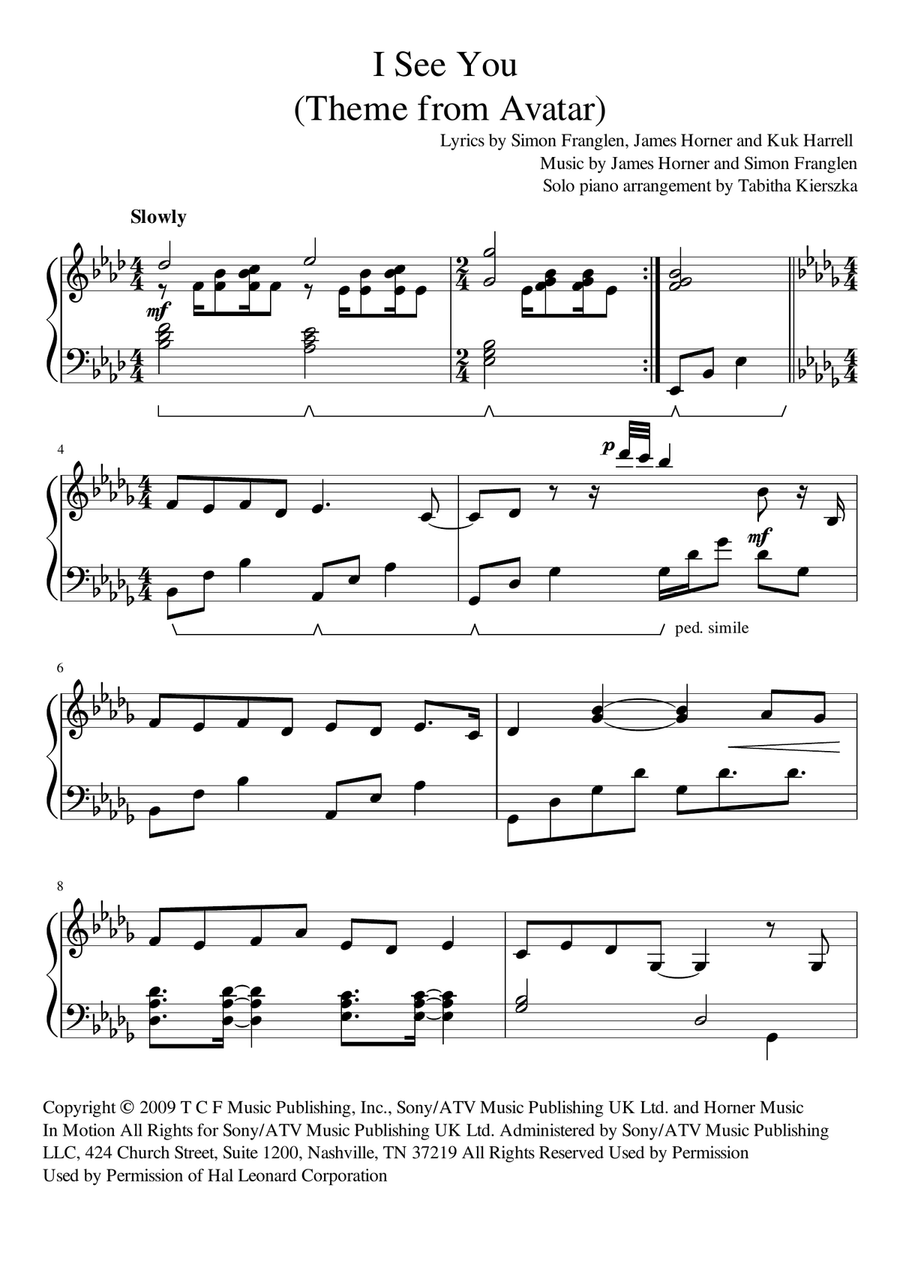I See You (theme From Avatar) Piano Solo scores gallery preview page 1