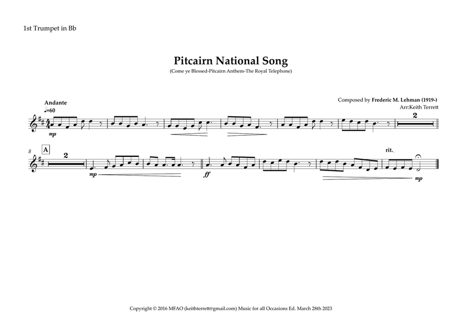 Pitcairn National Song (Come ye Blessed-Pitcairn Anthem-The Royal Telephone) for Brass Quintet image number null