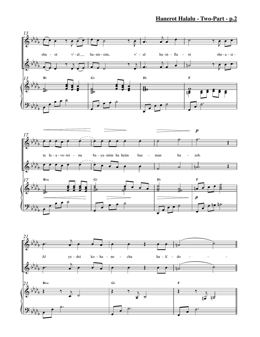 Hanerot Halalu (Two-Part Choir) 2-Part scores gallery preview page 3