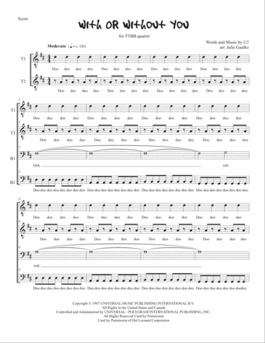 With Or Without You TTBB scores gallery preview page 1