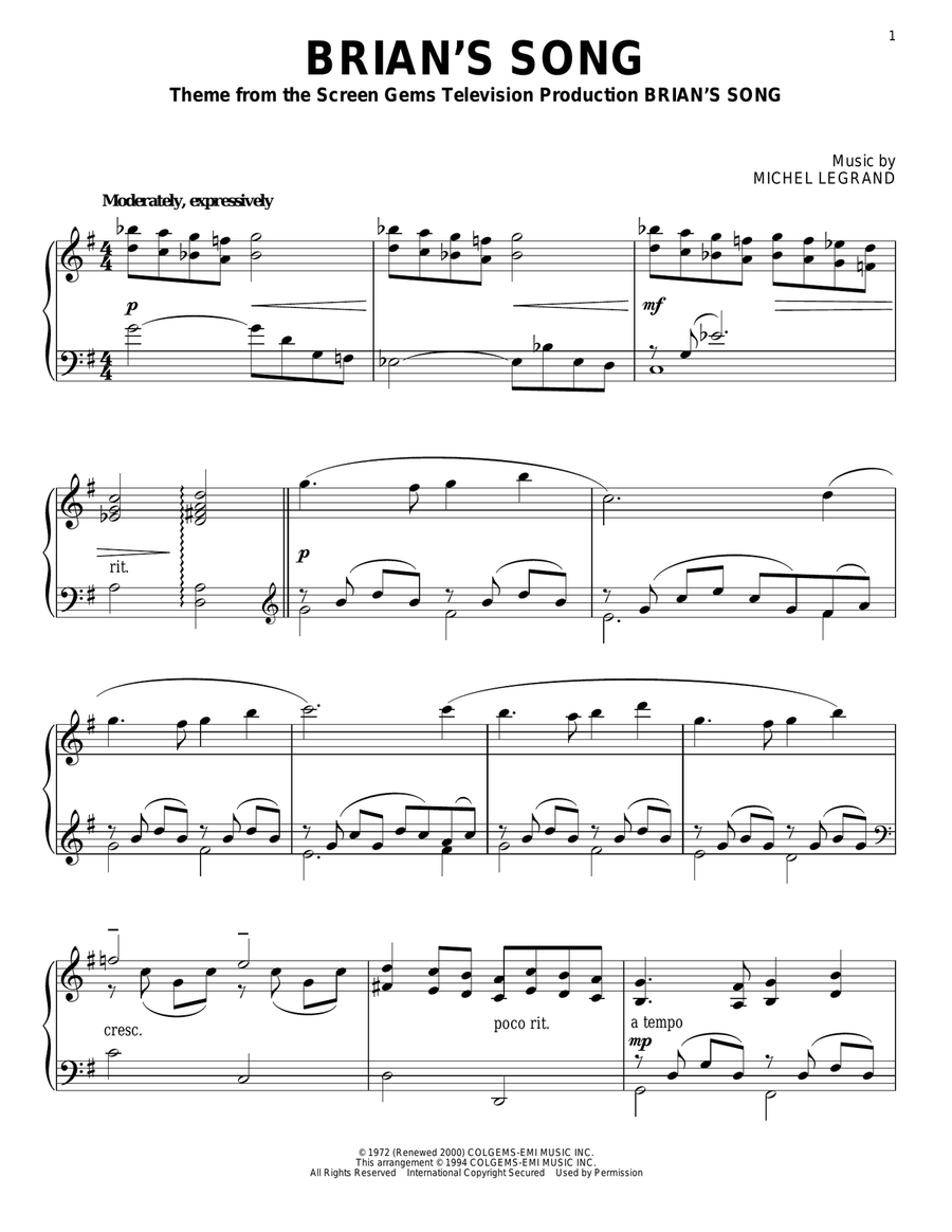 Brian's Song by Michel Legrand Piano Solo - Digital Sheet Music