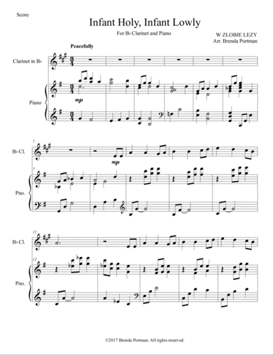 Infant Holy, Infant Lowly (clarinet/piano), arr. Brenda Portman Clarinet Solo scores gallery preview page 1