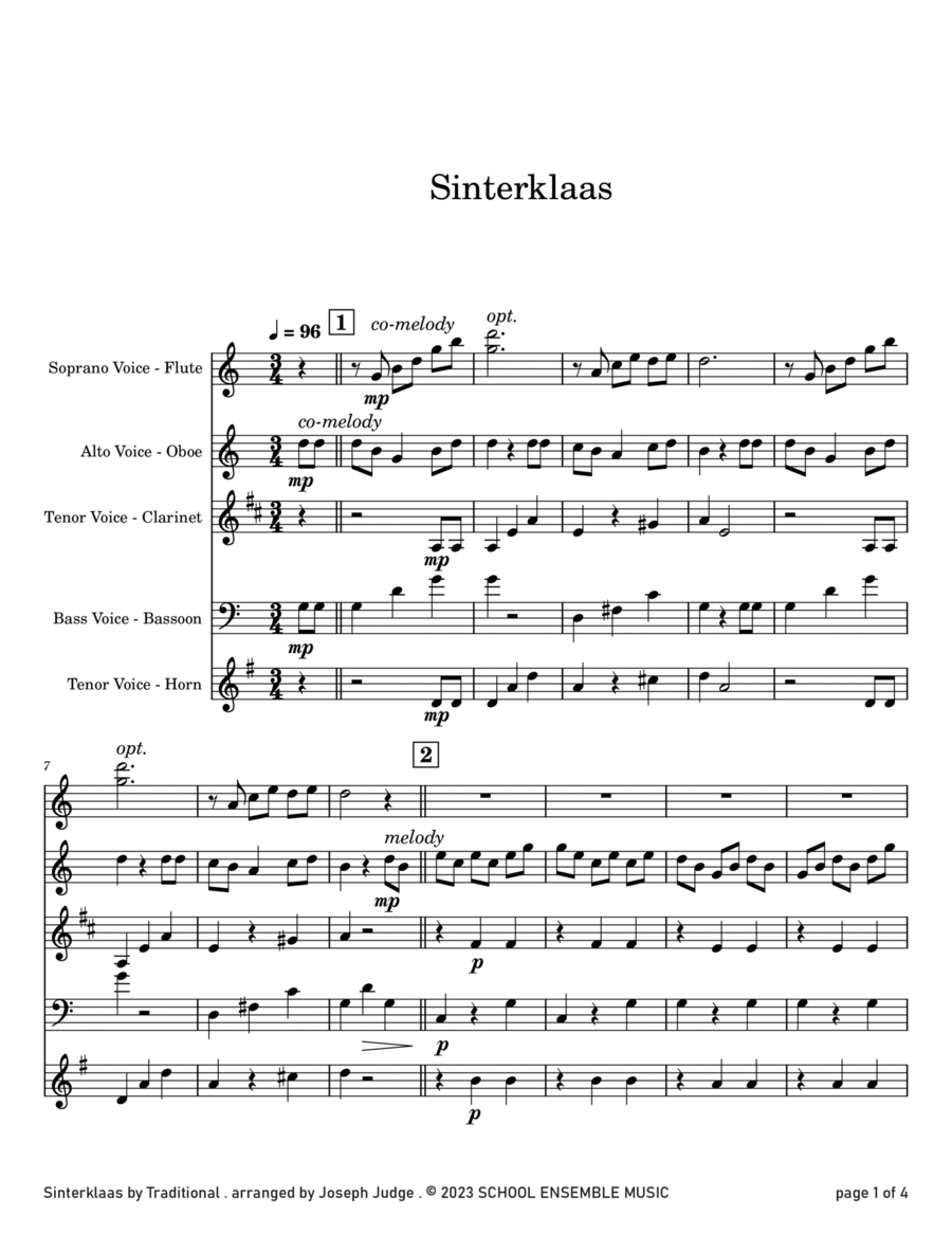 Sinterklaas for Woodwind Quartet in Schools Woodwind Quartet scores gallery preview page 1