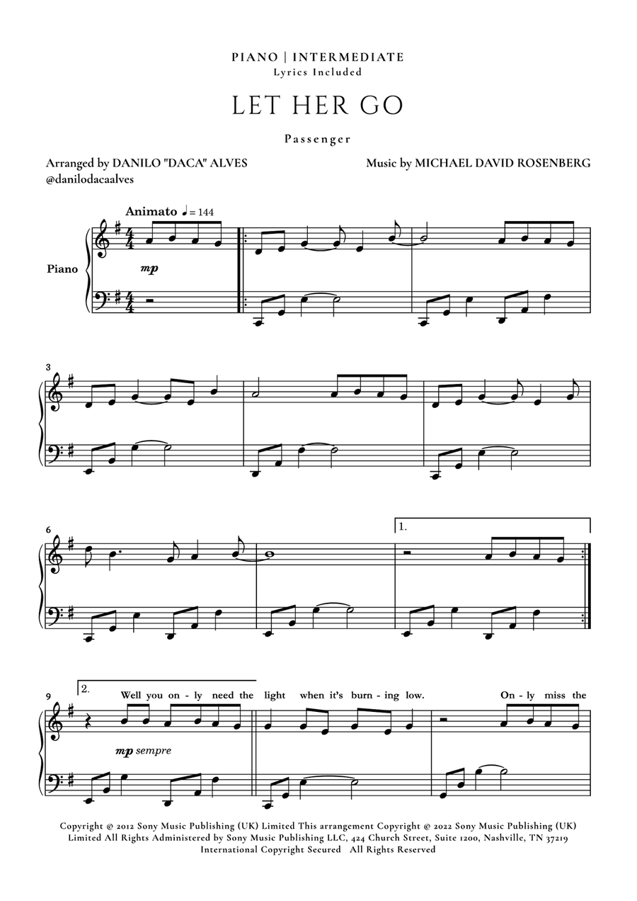 Let Her Go Piano Solo scores gallery preview page 1