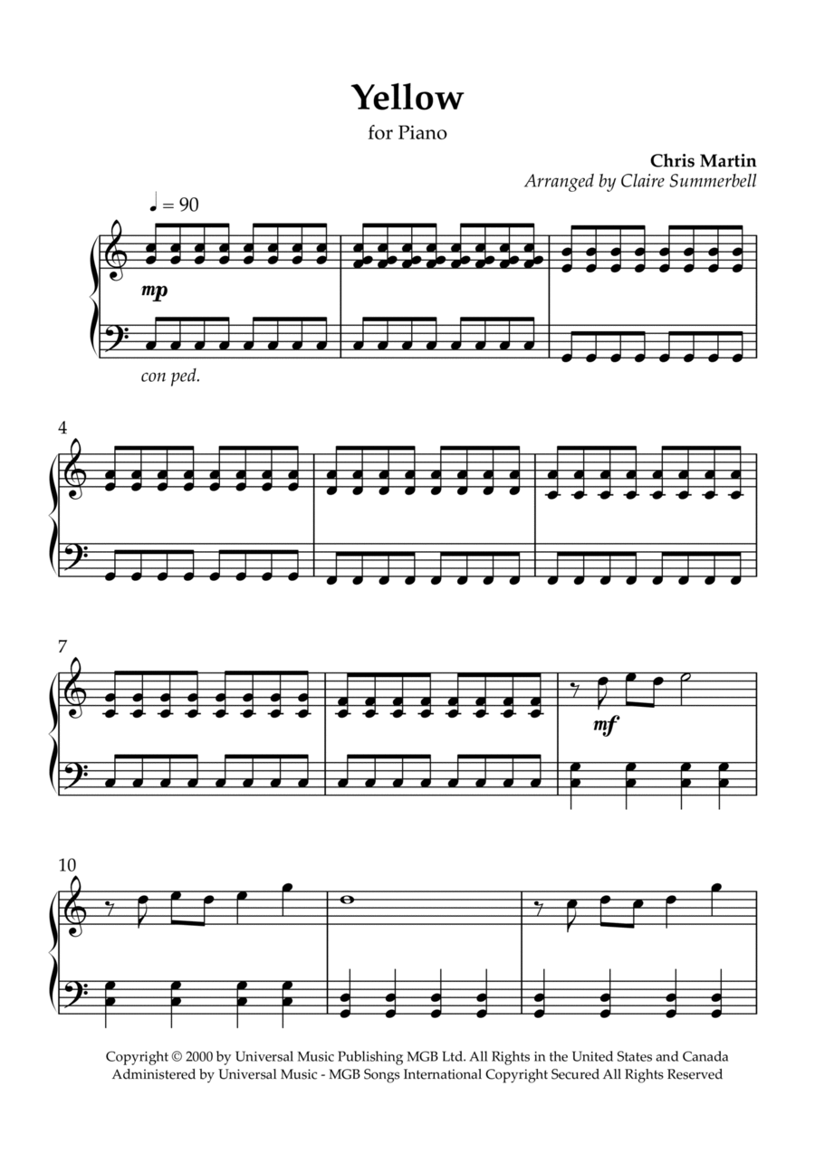 Yellow by Coldplay Piano Method Digital Sheet Music Sheet