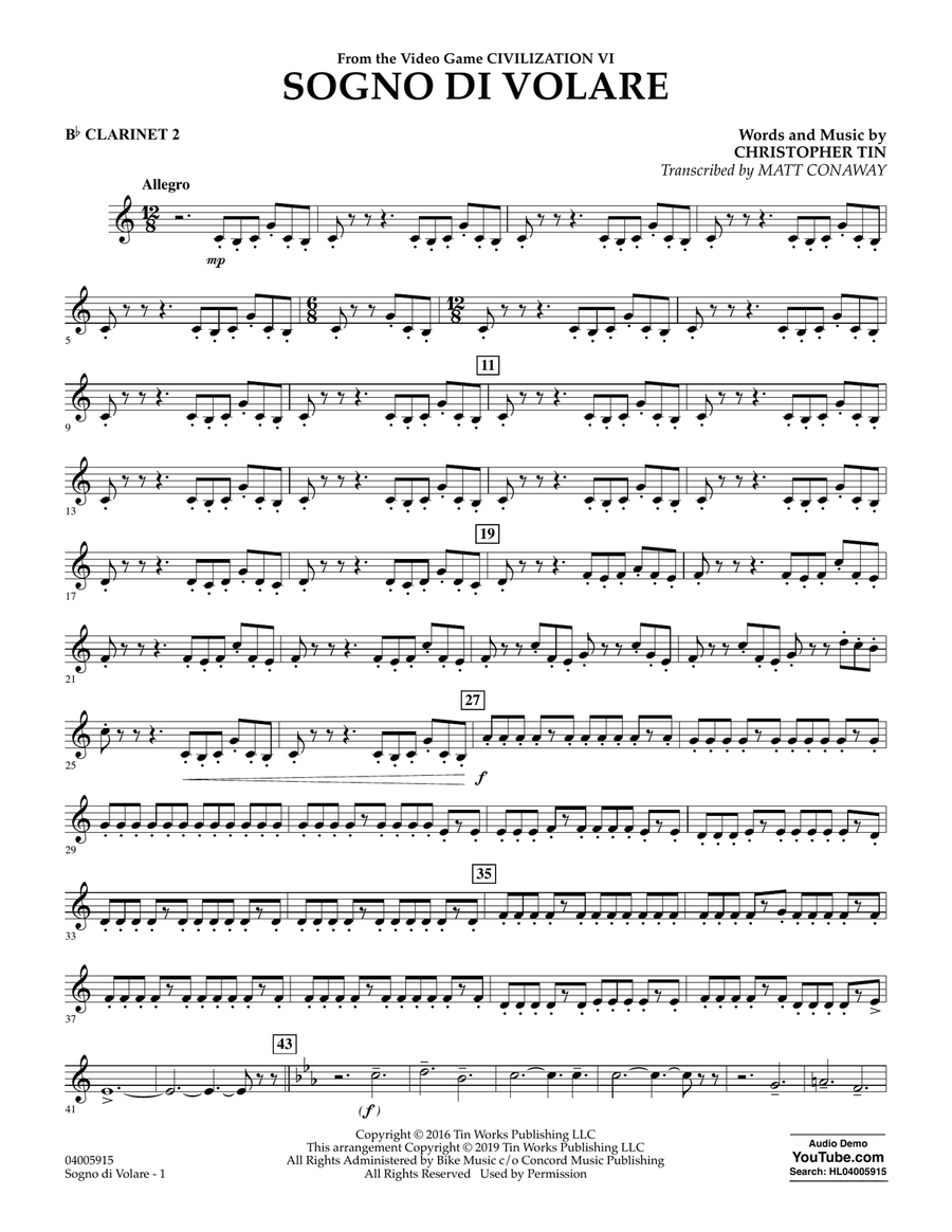 Sogno di Volare (from Civilization VI) (arr. Matt Conaway) - Bb Clarinet 2 Concert Band scores gallery preview page 1