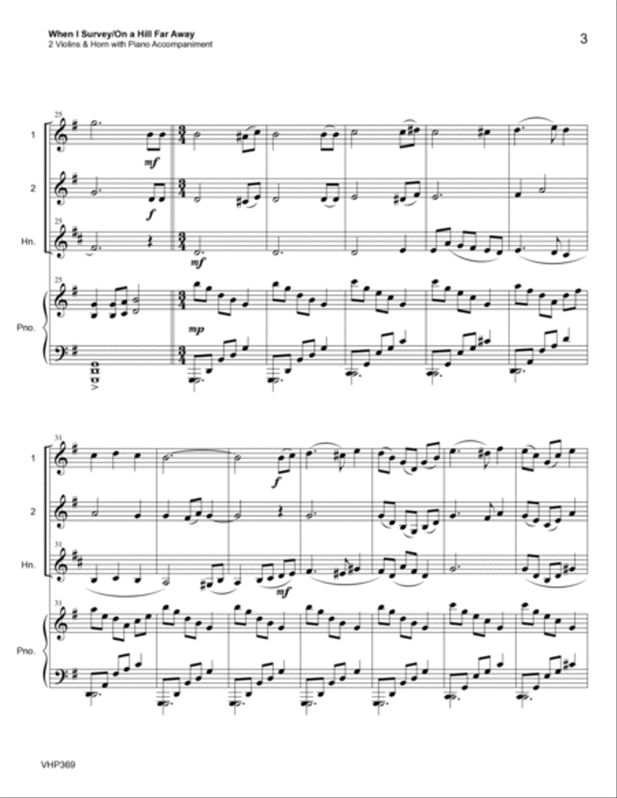 WHEN I SURVEY THE WONDROUS CROSS/ON A HILL FAR AWAY - 2 Violins & Horn (or Viola) with Piano Small Ensemble scores gallery preview page 3