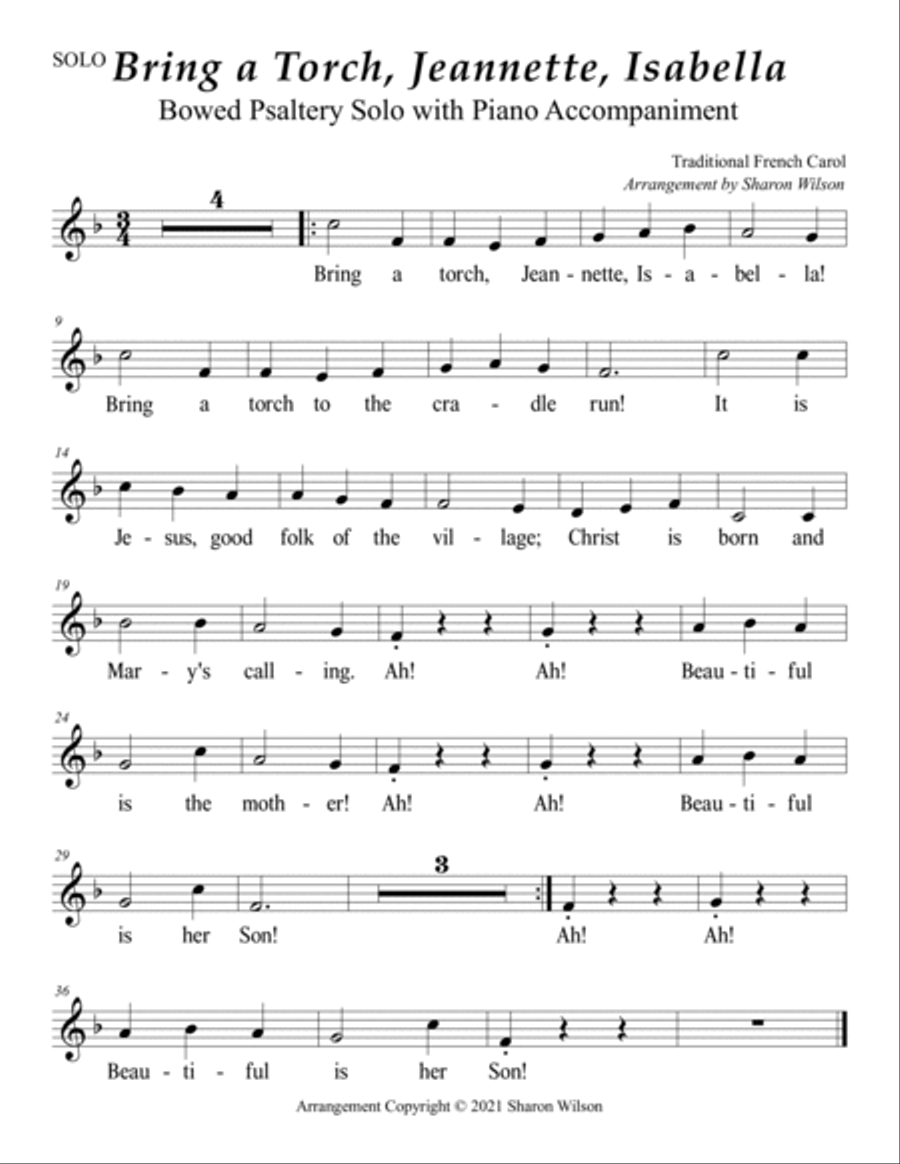 Bring a Torch, Jeannette, Isabella (Easy Bowed Psaltery Solo with Piano Accompaniment) Zither scores gallery preview page 2