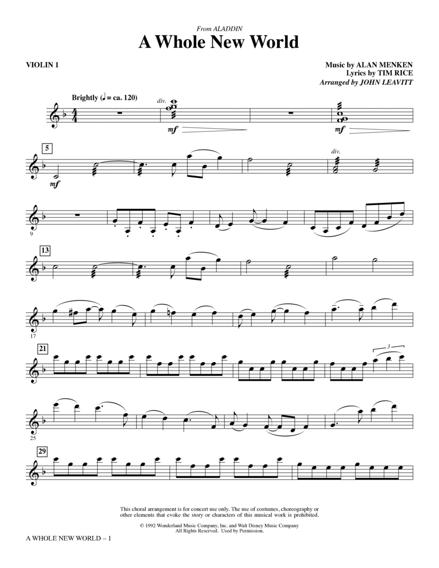 A Whole New World (from Aladdin) (arr. John Leavitt) - Violin 1 Choir scores gallery preview page 1