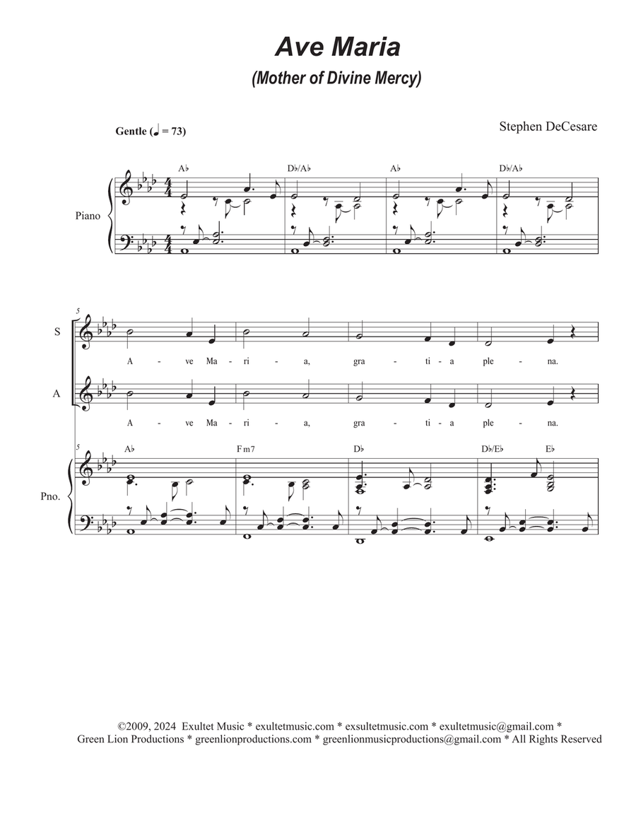 Ave Maria (Mother of Divine Mercy) (SATB) 4-Part scores gallery preview page 1