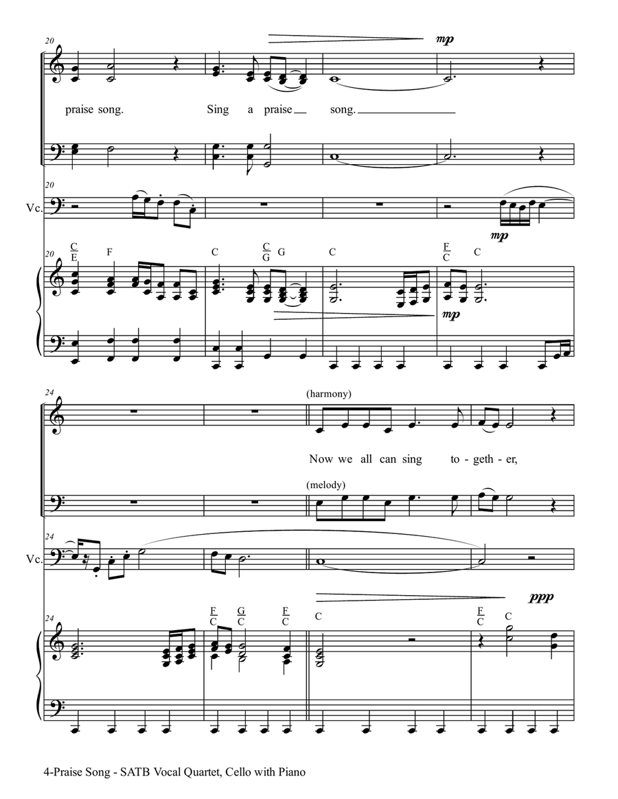 PRAISE SONG (SATB Vocal Quartet with Cello & Piano) 4-Part scores gallery preview page 5