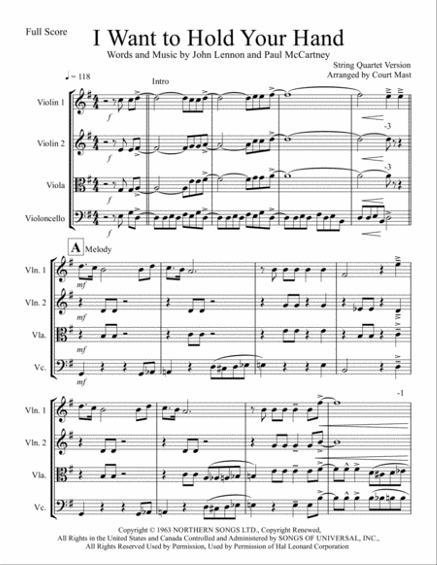 I Want To Hold Your Hand String Quartet scores gallery preview page 1