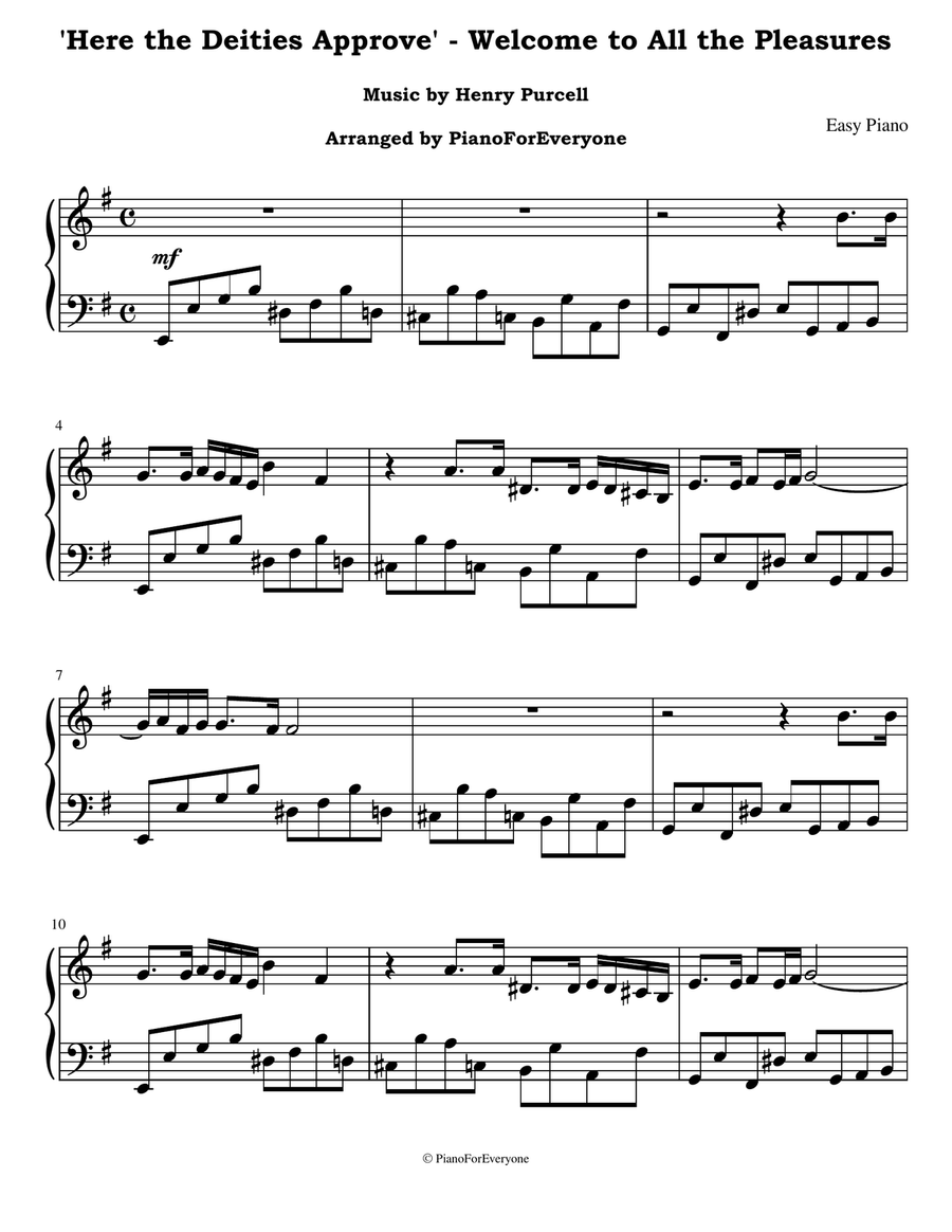 'Here the Deities Approve' from Welcome to All the Pleasures - Purcell (Easy Piano) Easy Piano scores gallery preview page 1