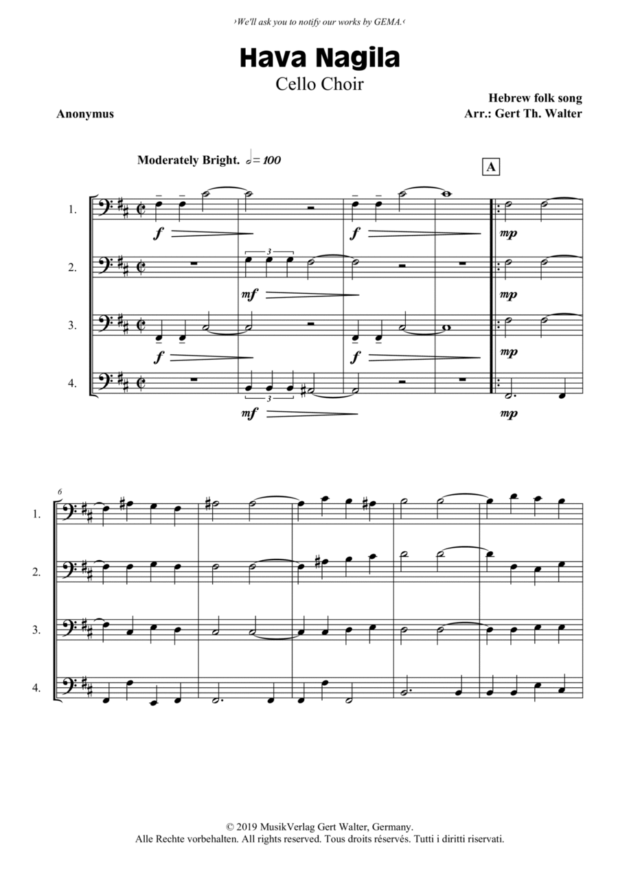 Hava Nagila Cello scores gallery preview page 1
