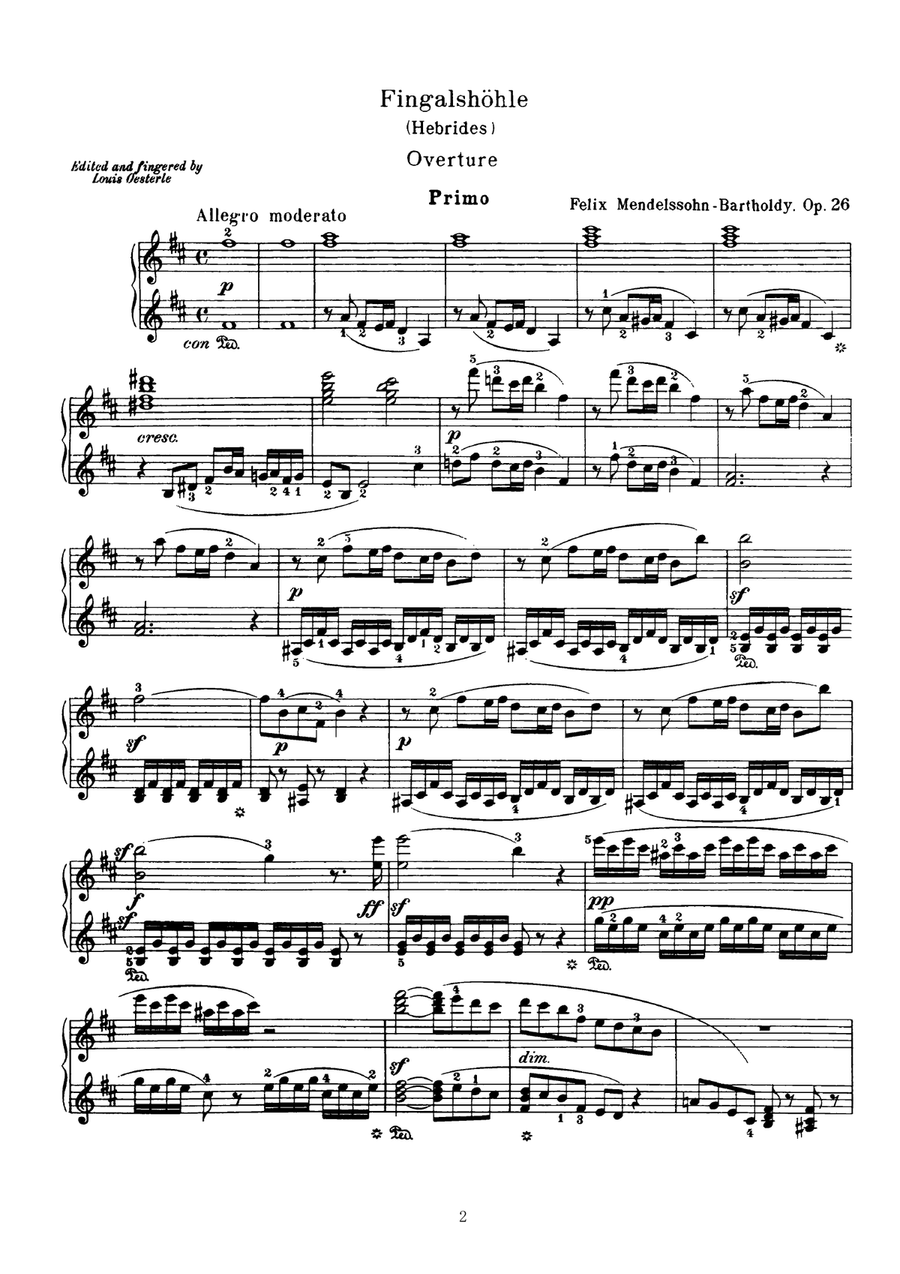 Mendelssohn The Fingal's Cave Overture, for pino duet(1 piano, 4 hands), PM811