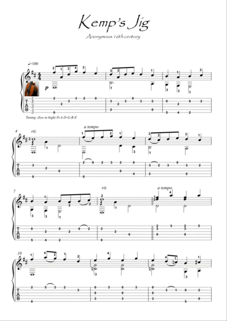 Kemp's Jig renaissance Guitar Acoustic Guitar scores gallery preview page 1