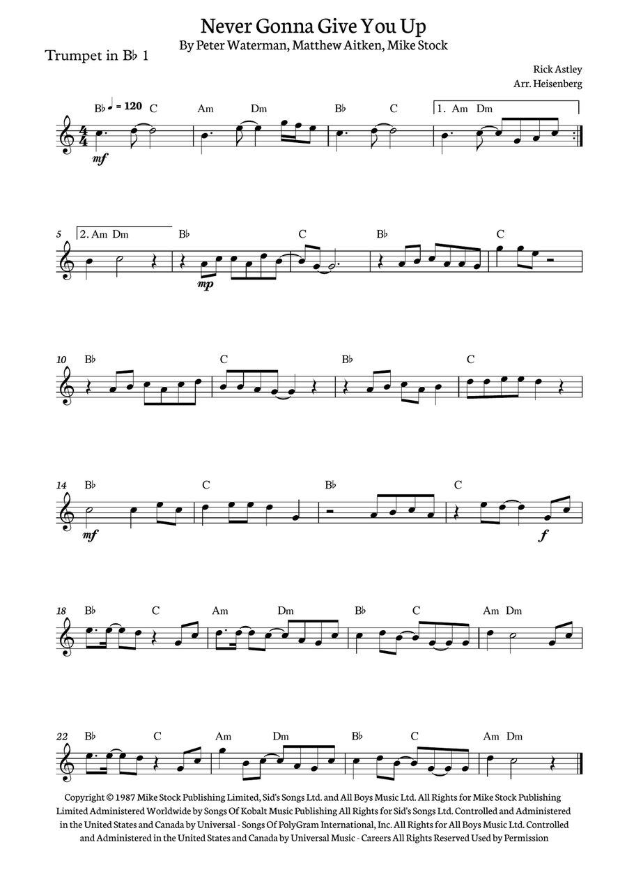 Never Gonna Give You Up Trumpet Duet scores gallery preview page 2