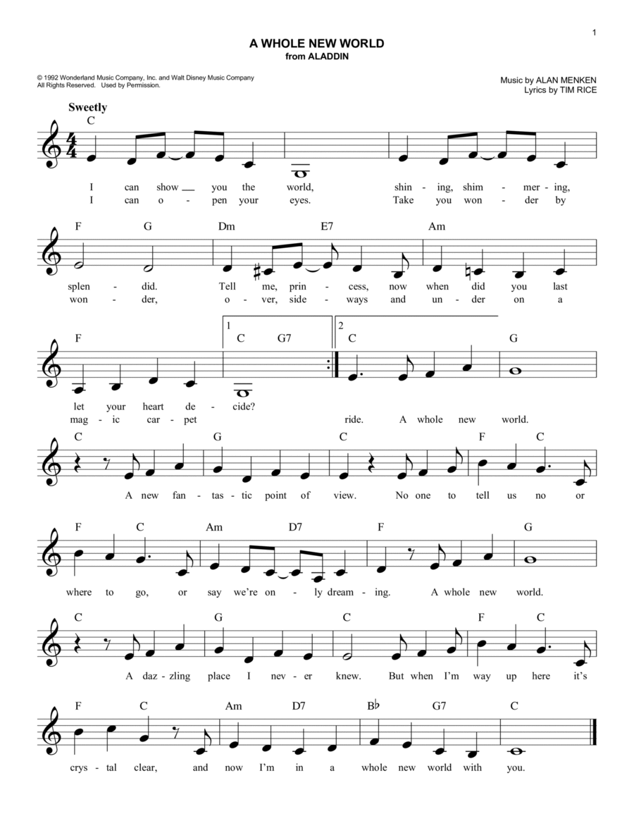 A Whole New World (from Aladdin) Piano scores gallery preview page 1