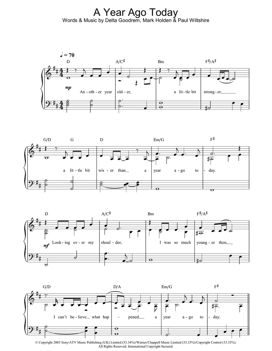 A Year Ago Today A Year Ago Today Piano Solo scores gallery preview page 1