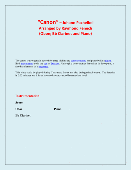 Canon - Johann Pachebel - Oboe; Bb Clarinet and Piano - Intermediate Level image number null