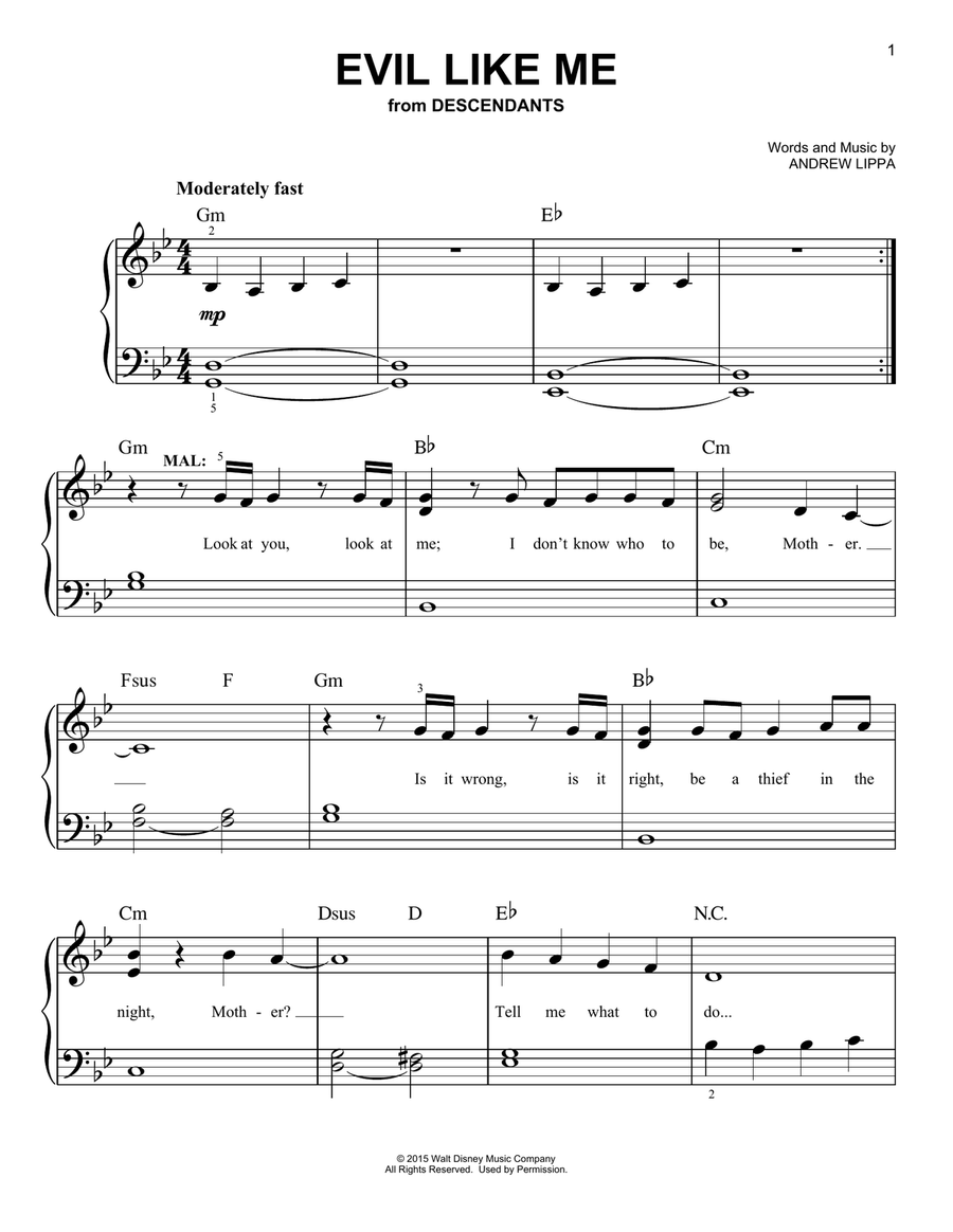 Evil Like Me (from Disney's Descendants) Easy Piano scores gallery preview page 1