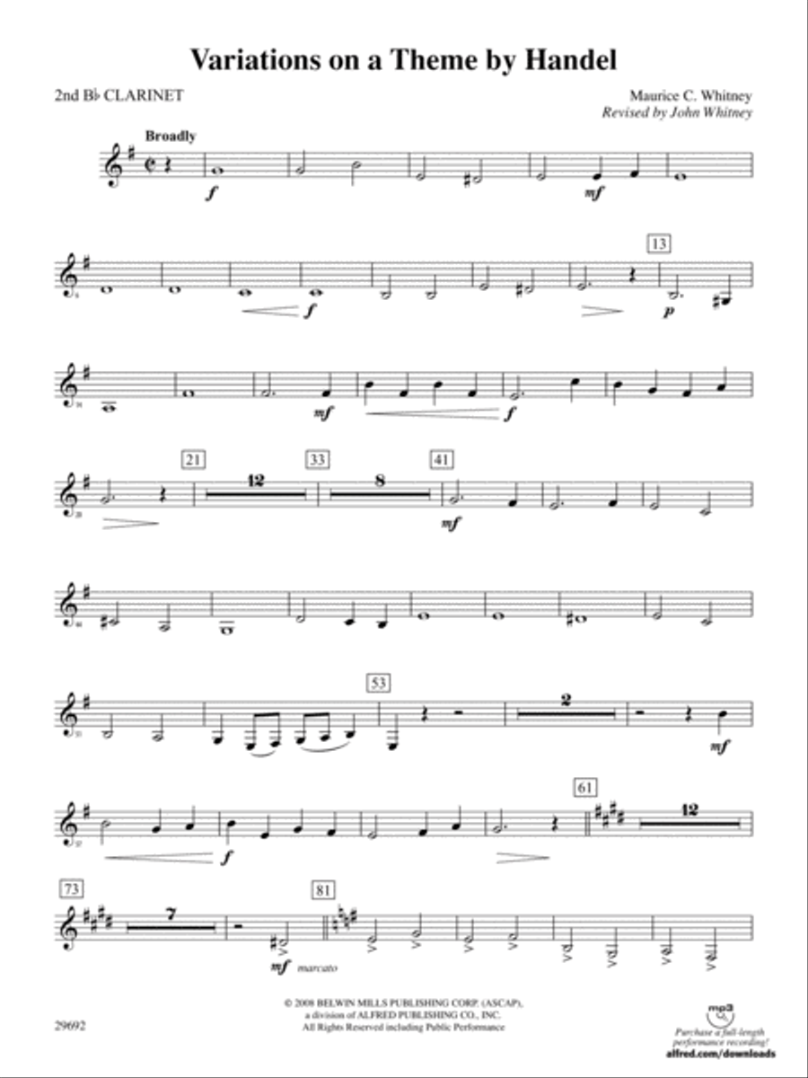 Variations on a Theme by Handel: 2nd B-flat Clarinet Full Orchestra scores gallery preview page 1