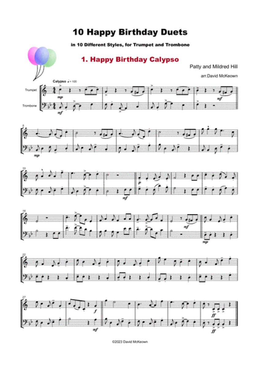 10 Happy Birthday Duets, (in 10 Different Styles), for Trumpet and Trombone