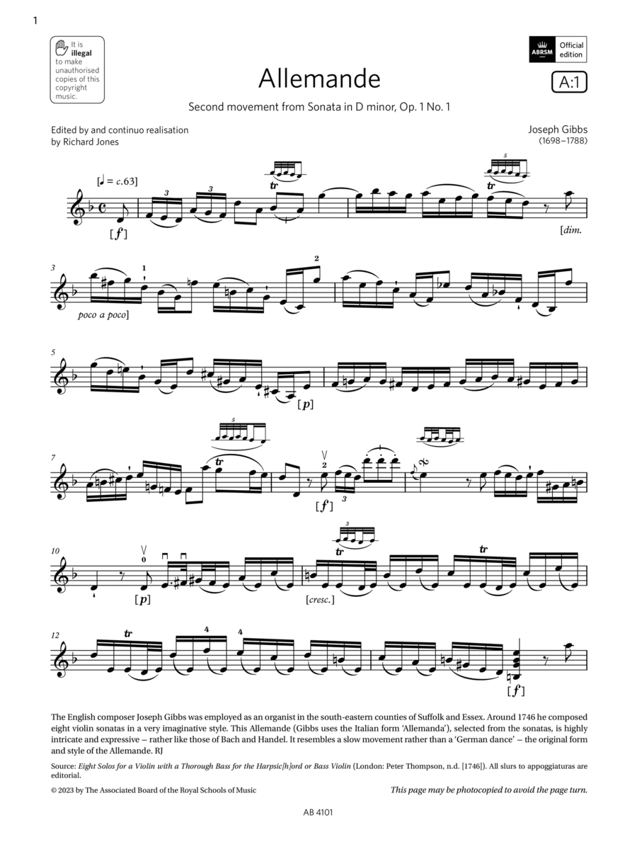 Allemande (Grade 7, A1, from the ABRSM Violin Syllabus from 2024) Violin Solo scores gallery preview page 1